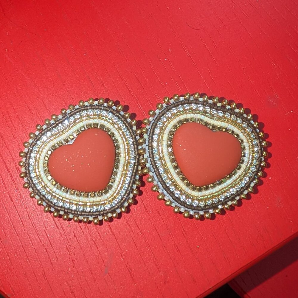 Gold Beaded Heart Statement Earrings Red Western Native American Lainey Wilson